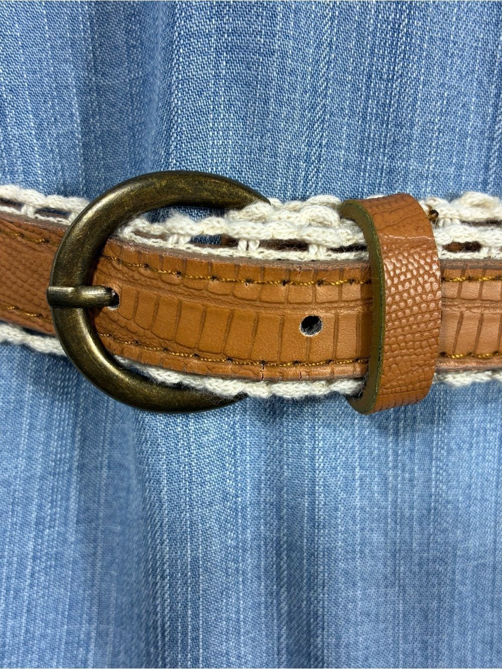 Unbranded Womens belt 38.5” long faux leather crochet trim thin brown